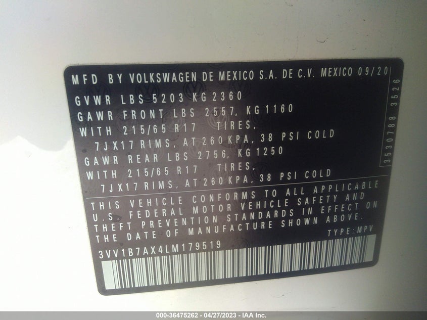 VIN 3VV1B7AX4LM179519 2020 VOLKSWAGEN TIGUAN S