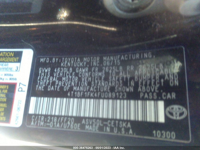 2015 TOYOTA CAMRY XLE/SE/LE/XSE - 4T1BF1FK4FU089123