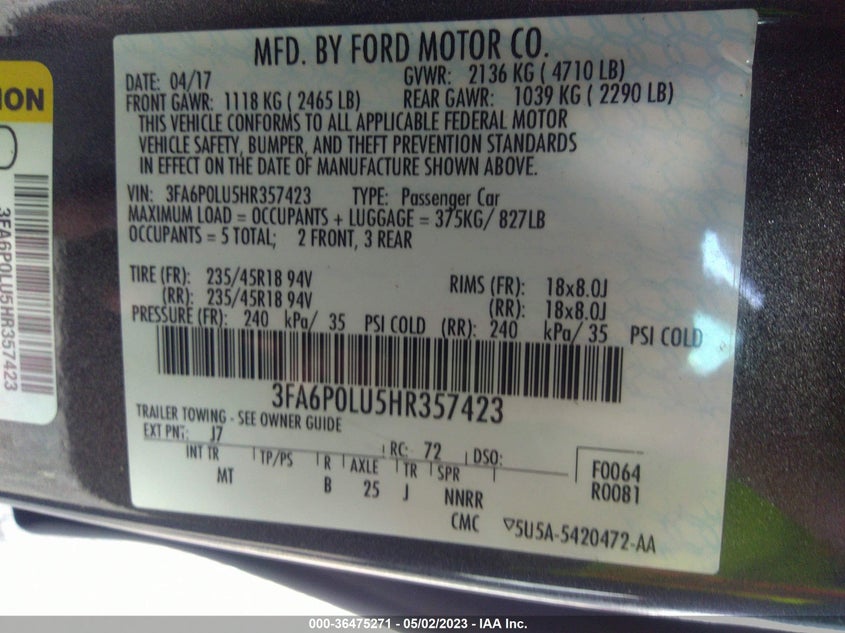 VIN 3FA6P0LU5HR357423 2017 FORD FUSION HYBRID SE