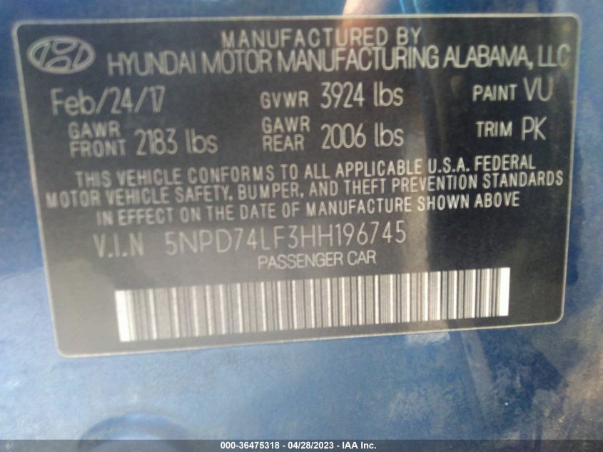 2017 HYUNDAI ELANTRA SE - 5NPD74LF3HH196745