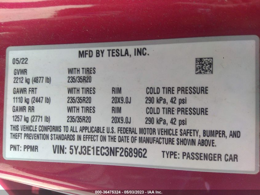 2022 TESLA MODEL 3 PERFORMANCE - 5YJ3E1EC3NF268962