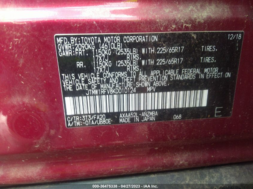 2019 TOYOTA RAV4 XLE - JTMW1RFV8KD010124