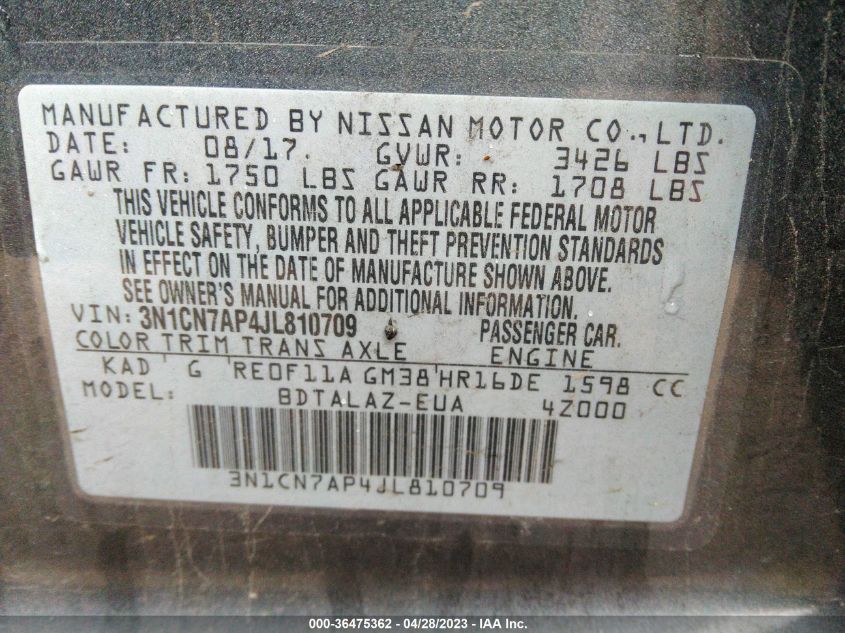 2018 NISSAN VERSA SEDAN S PLUS - 3N1CN7AP4JL810709