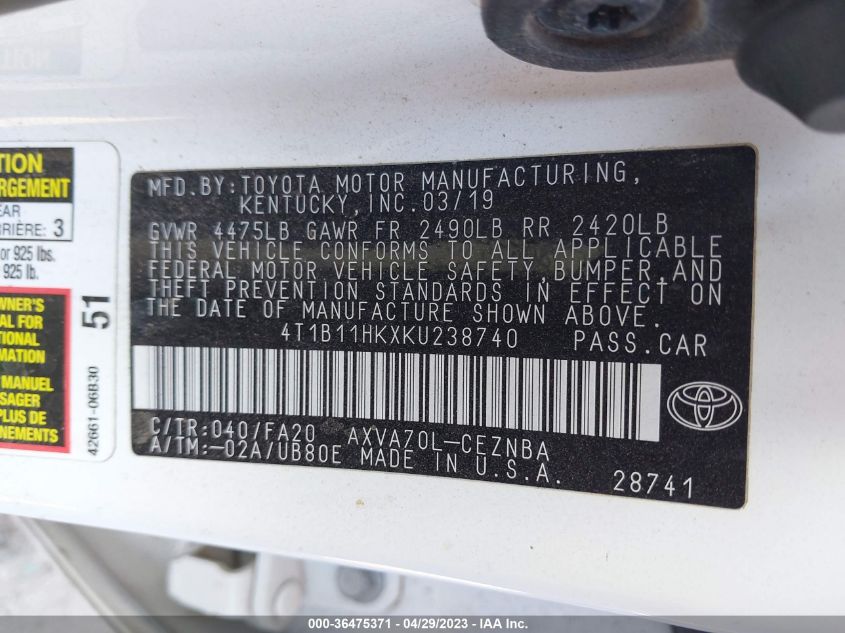 2019 TOYOTA CAMRY LE/SE/XLE/L - 4T1B11HKXKU238740