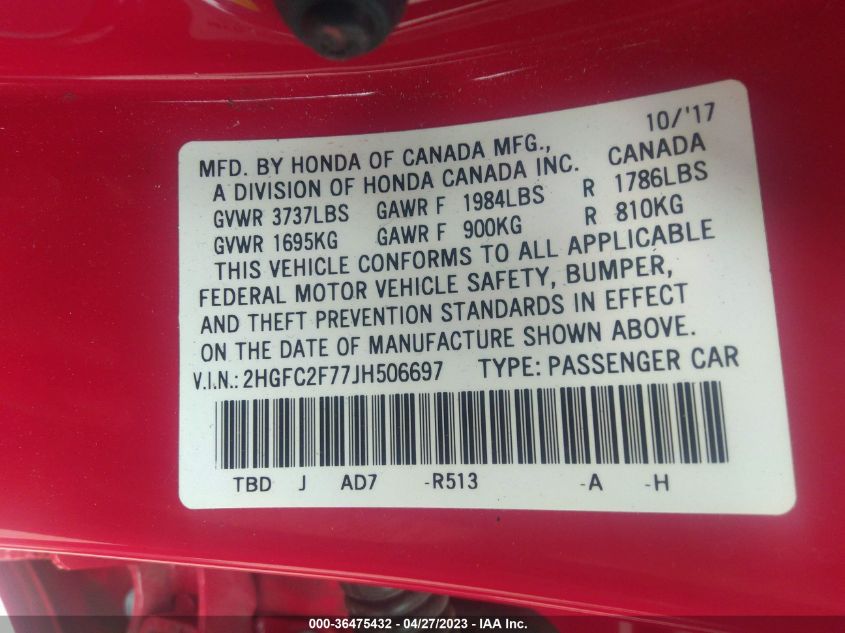 2018 HONDA CIVIC SEDAN EX - 2HGFC2F77JH506697