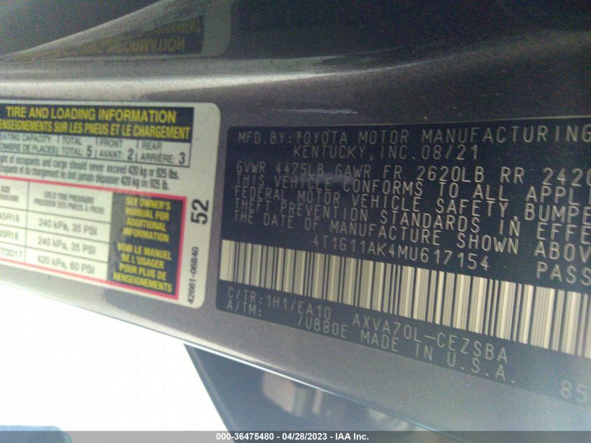2021 TOYOTA CAMRY SE - 4T1G11AK4MU617154