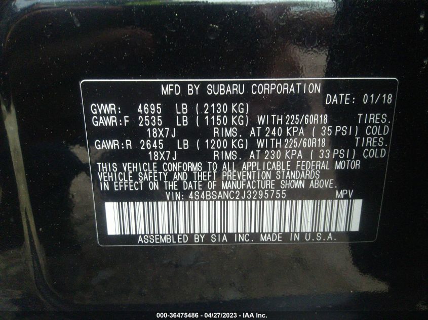 2018 SUBARU OUTBACK LIMITED - 4S4BSANC2J3295755