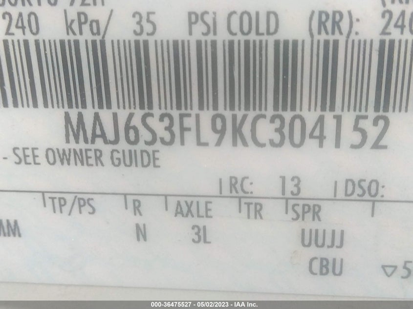 VIN MAJ6S3FL9KC304152 2019 FORD ECOSPORT S