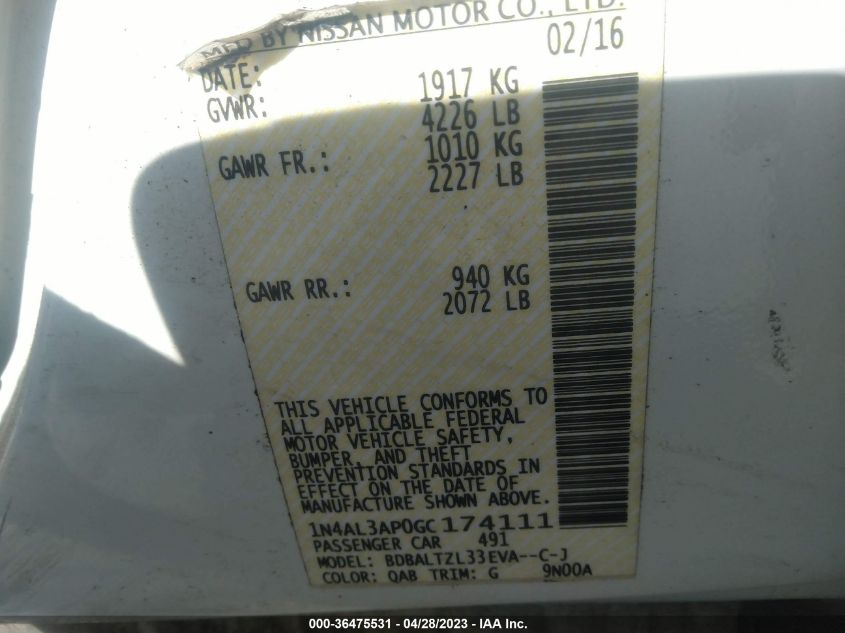 2016 NISSAN ALTIMA 2.5 SL - 1N4AL3AP0GC174111