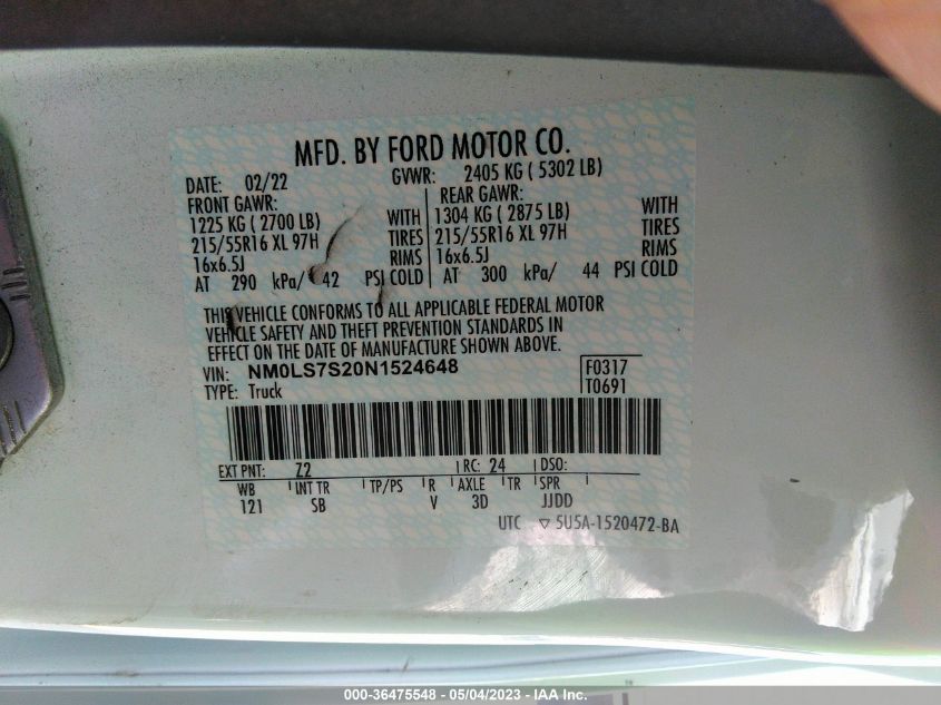 2022 FORD TRANSIT CONNECT VAN XL NM0LS7S20N1524648