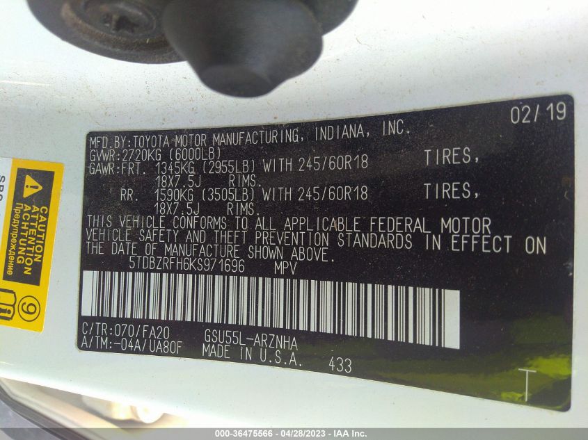 2019 TOYOTA HIGHLANDER LE - 5TDBZRFH6KS971696