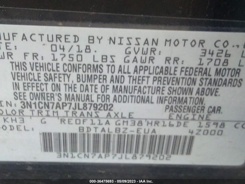 2018 NISSAN VERSA SEDAN SV - 3N1CN7AP7JL879202
