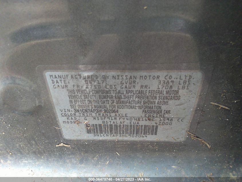 2017 NISSAN VERSA SEDAN S - 3N1CN7AP3HL902064