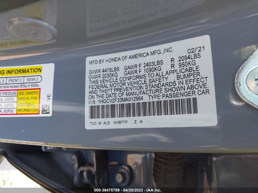 2021 HONDA ACCORD SEDAN SPORT - 1HGCV2F33MA012964