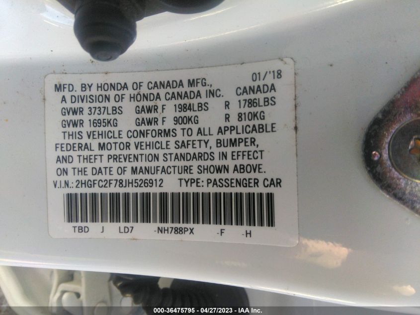 2018 HONDA CIVIC SEDAN EX - 2HGFC2F78JH526912