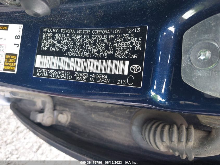 2014 TOYOTA PRIUS FOUR/FIVE/THREE/ONE/TWO - JTDKN3DU4E1770115