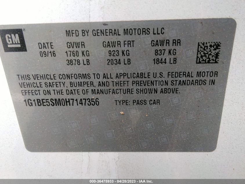 2017 CHEVROLET CRUZE LT - 1G1BE5SM0H7147356