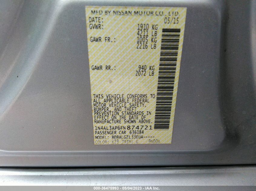 2015 NISSAN ALTIMA 2.5 S - 1N4AL3AP6FN874721