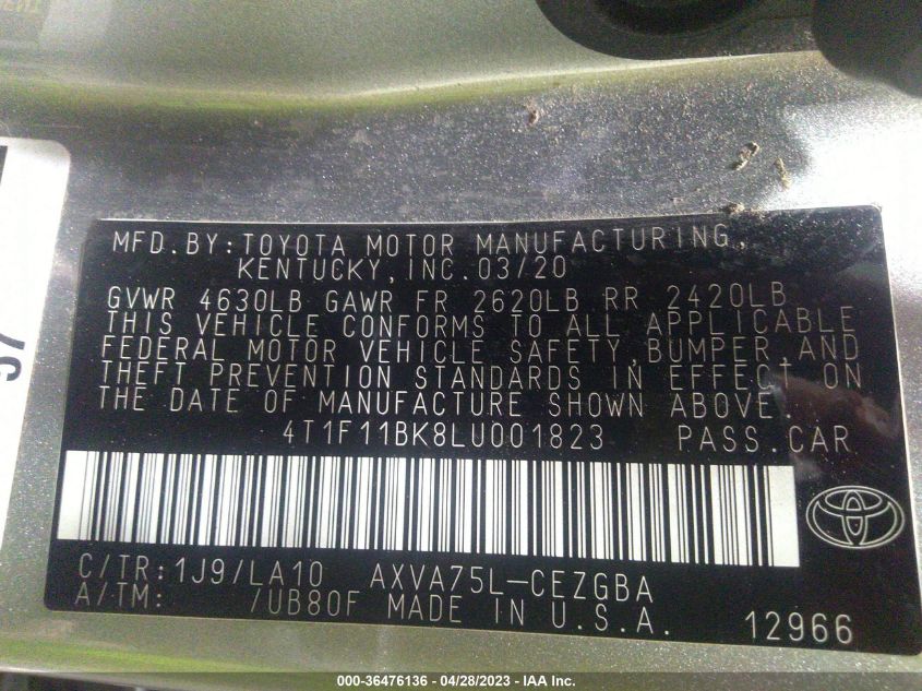 2020 TOYOTA CAMRY XLE - 4T1F11BK8LU001823