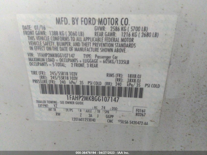 2016 FORD SEDAN POLICE INTERCEPTOR 1FAHP2MK8GG107147