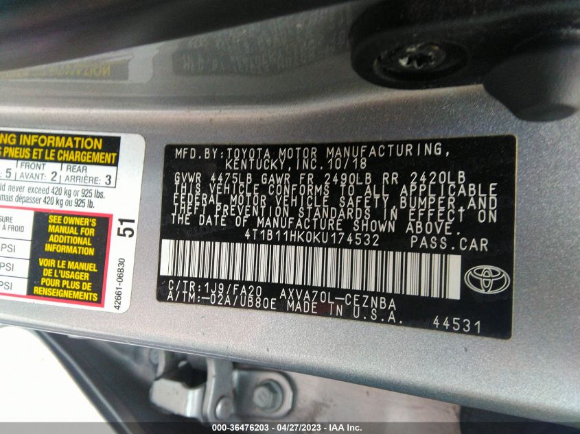 2019 TOYOTA CAMRY LE/SE/XLE/L - 4T1B11HK0KU174532