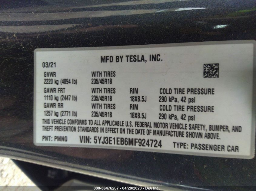 2021 TESLA MODEL 3 LONG RANGE - 5YJ3E1EB6MF924724