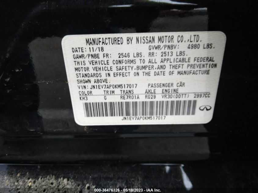 2019 INFINITI Q50 3.0T LUXE - JN1EV7AP0KM517017