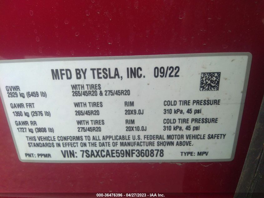 2022 TESLA MODEL X - 7SAXCAE59NF360878