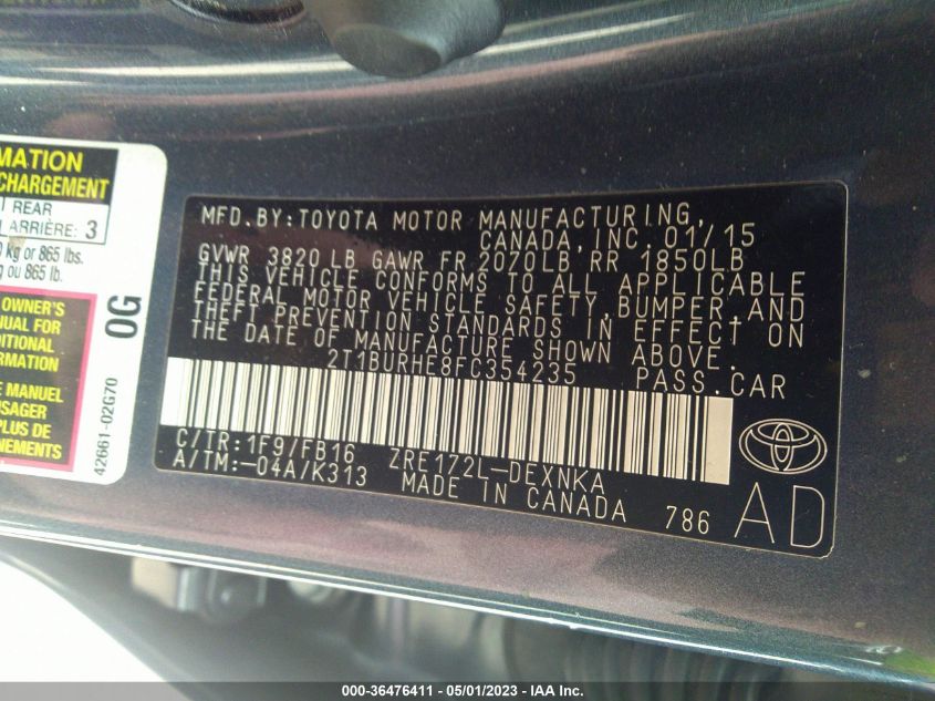 2015 TOYOTA COROLLA L/LE/S/S PLUS/LE PLUS - 2T1BURHE8FC354235