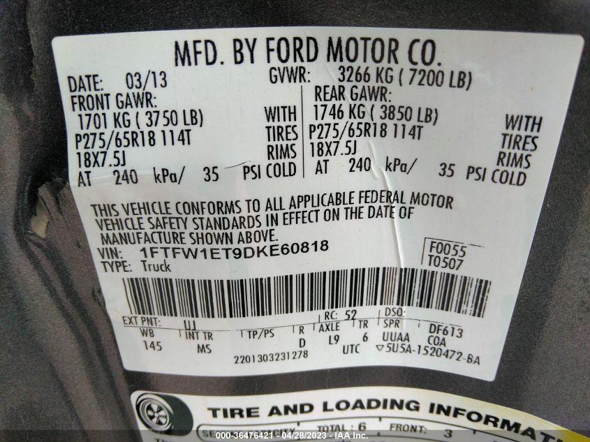 2013 FORD F-150 XL/XLT/FX4/LARIAT - 1FTFW1ET9DKE60818