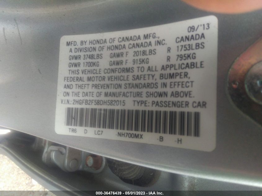 2013 HONDA CIVIC SDN LX - 2HGFB2F58DH582015