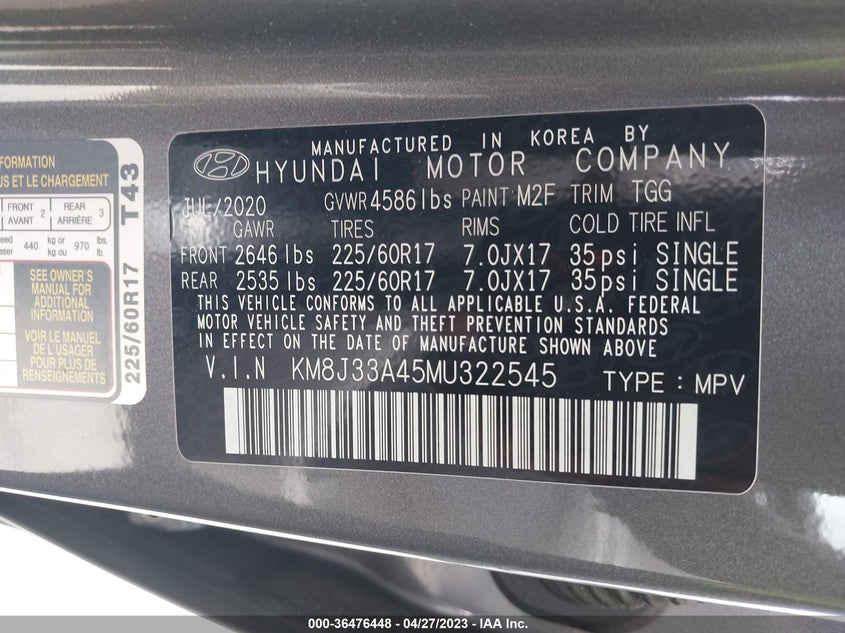 VIN KM8J33A45MU322545 2021 HYUNDAI TUCSON VALUE