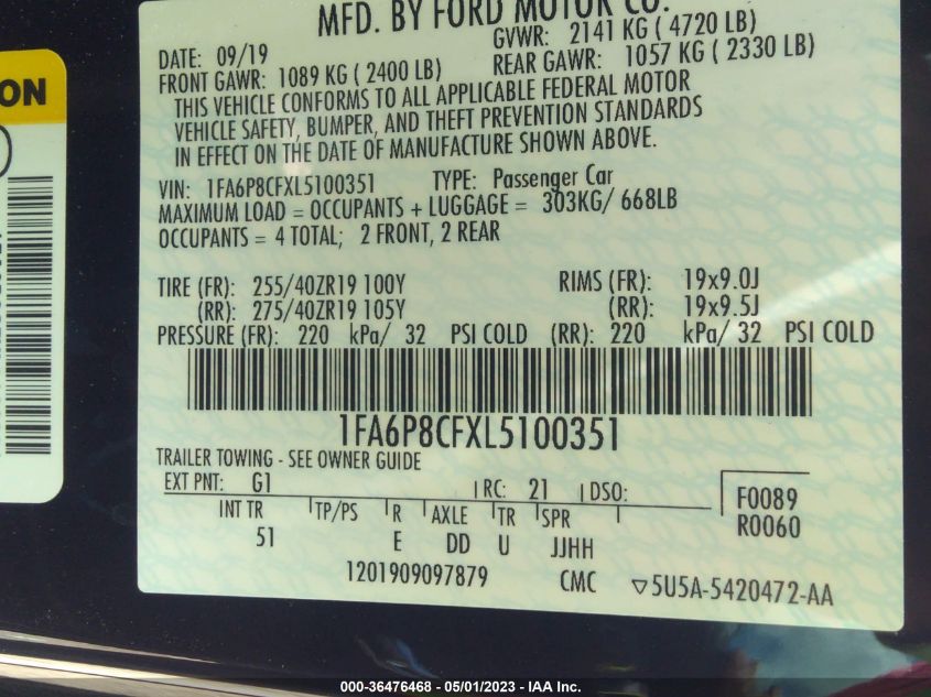 2020 FORD MUSTANG GT - 1FA6P8CFXL5100351