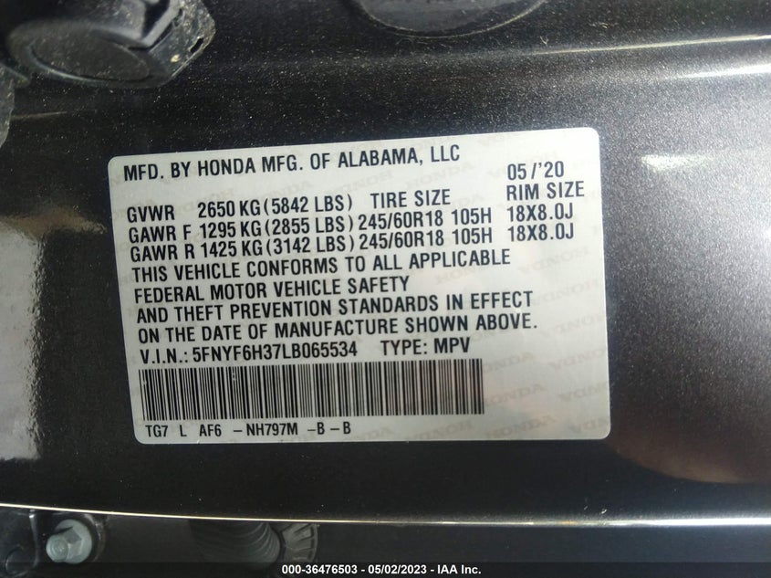 VIN 5FNYF6H37LB065534 2020 HONDA PILOT EX