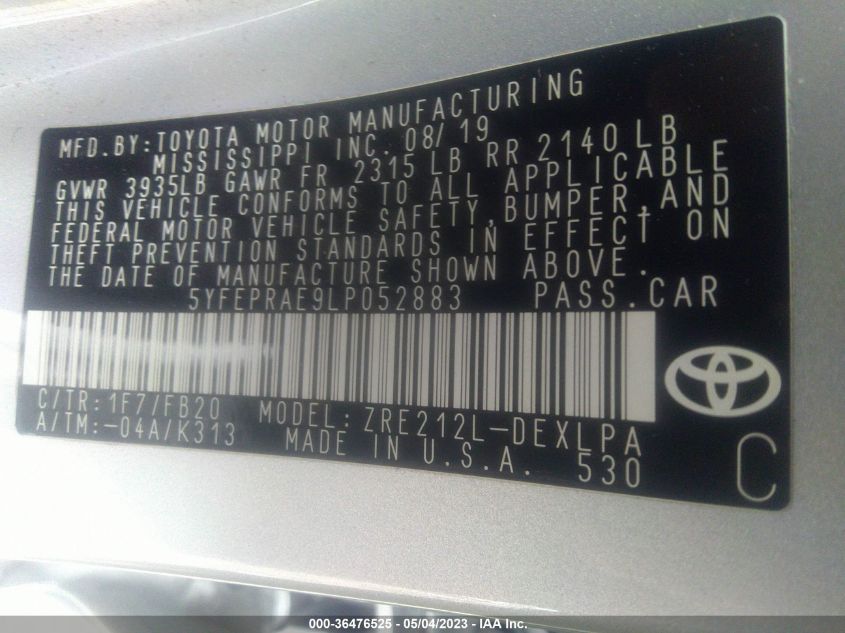 2020 TOYOTA COROLLA LE - 5YFEPRAE9LP052883
