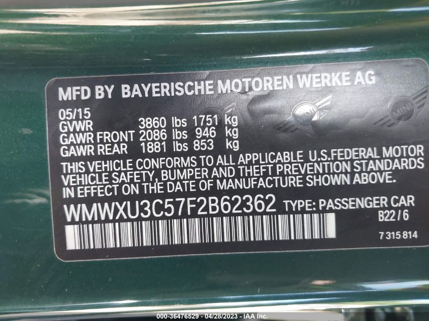 2015 MINI COOPER HARDTOP 4 DOOR S WMWXU3C57F2B62362