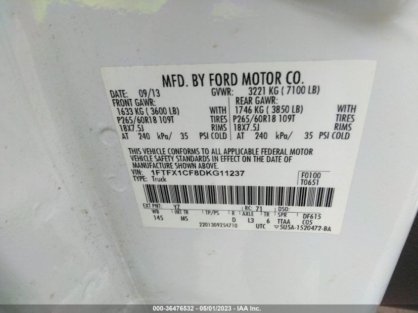 2013 FORD F-150 XL/STX/XLT/FX2/LARIAT - 1FTFX1CF8DKG11237