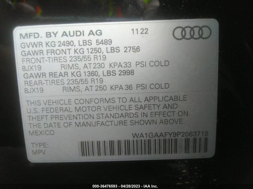 VIN WA1GAAFY9P2063718 2023 AUDI Q5 S LINE PREMIUM