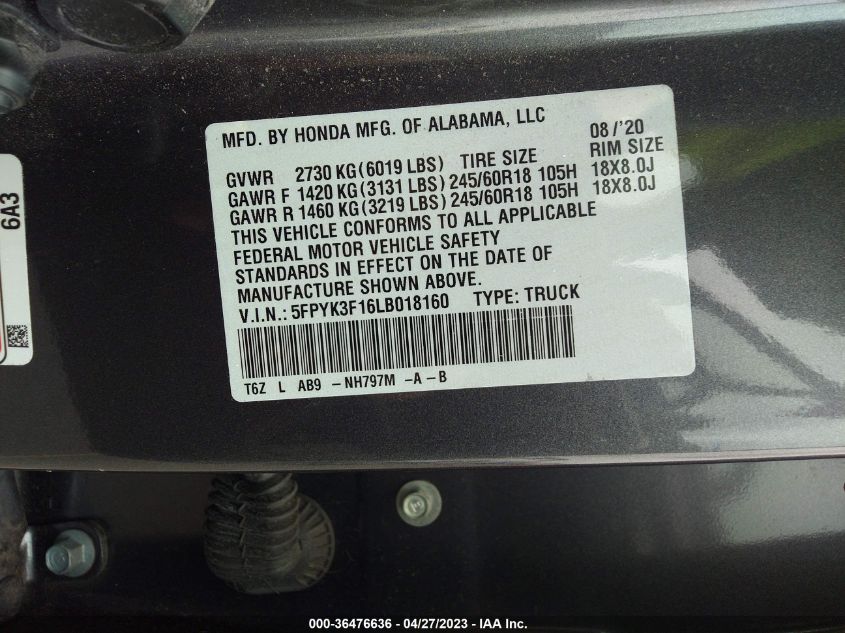 2020 HONDA RIDGELINE SPORT - 5FPYK3F16LB018160