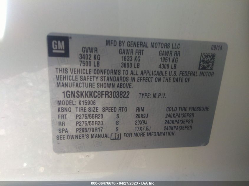 2015 CHEVROLET SUBURBAN LTZ - 1GNSKKKC8FR303822