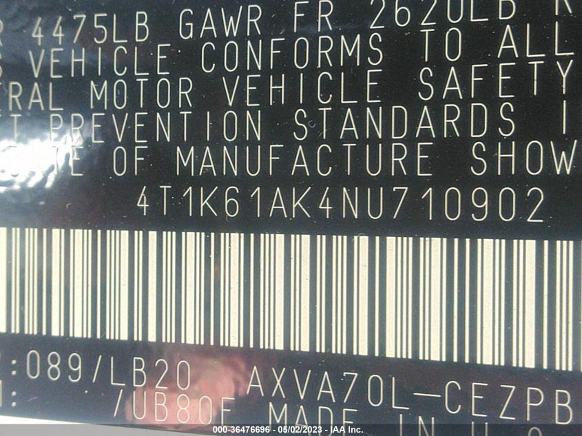 2022 TOYOTA CAMRY XSE - 4T1K61AK4NU710902