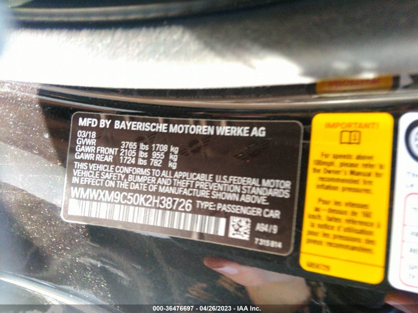 2019 MINI HARDTOP 2 DOOR JOHN COOPER WORKS WMWXM9C50K2H38726