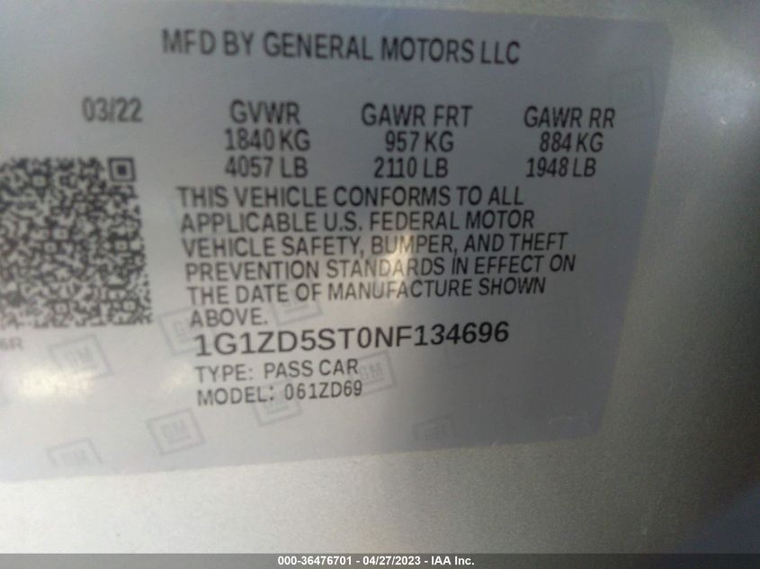 2022 CHEVROLET MALIBU LT - 1G1ZD5ST0NF134696