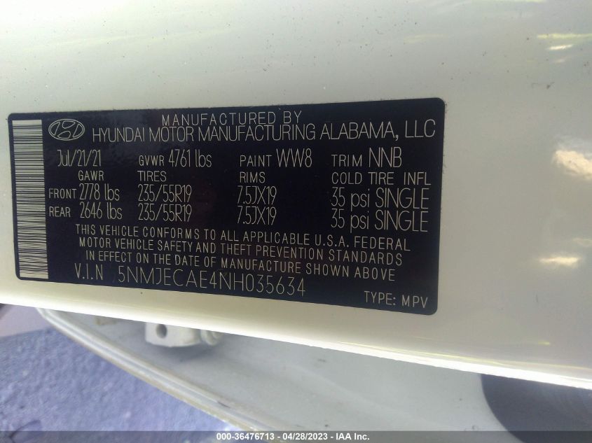 2022 HYUNDAI TUCSON LIMITED - 5NMJECAE4NH035634
