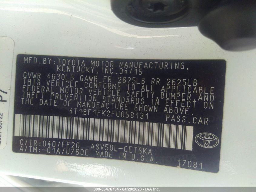 2015 TOYOTA CAMRY XLE/SE/LE/XSE - 4T1BF1FK2FU058131