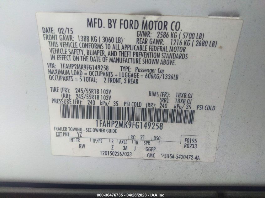 2015 FORD SEDAN POLICE INTERCEPTOR 1FAHP2MK9FG149258