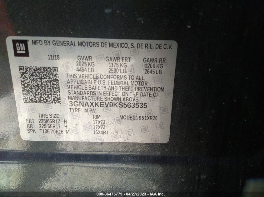 2019 CHEVROLET EQUINOX LT - 3GNAXKEV9KS563535