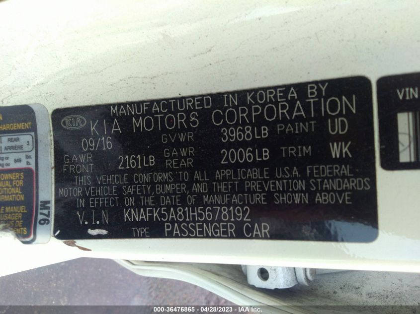 2017 KIA FORTE5 LX KNAFK5A81H5678192