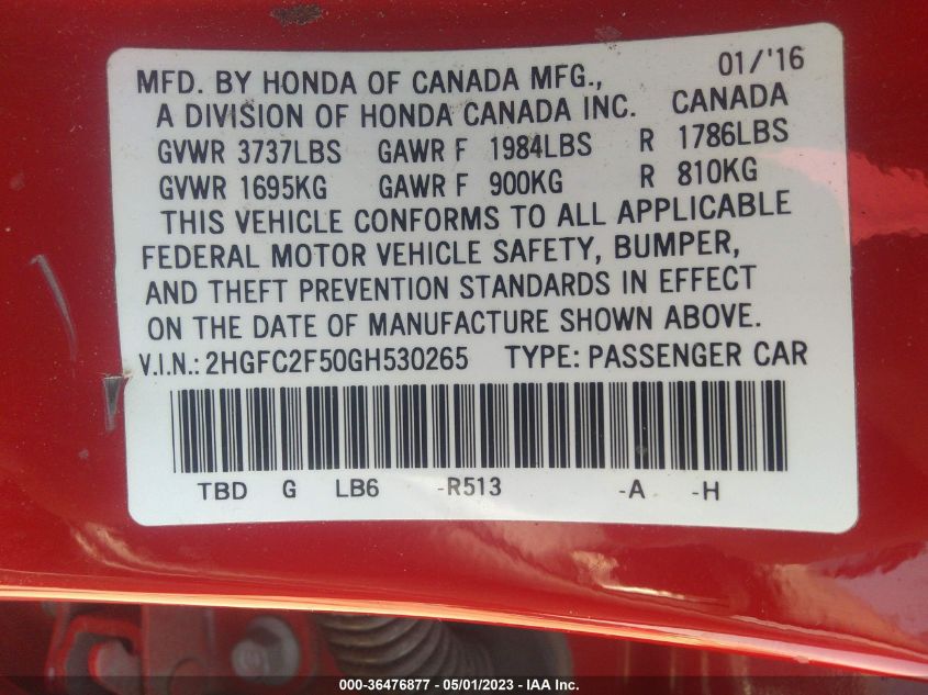 2016 HONDA CIVIC SEDAN LX - 2HGFC2F50GH530265