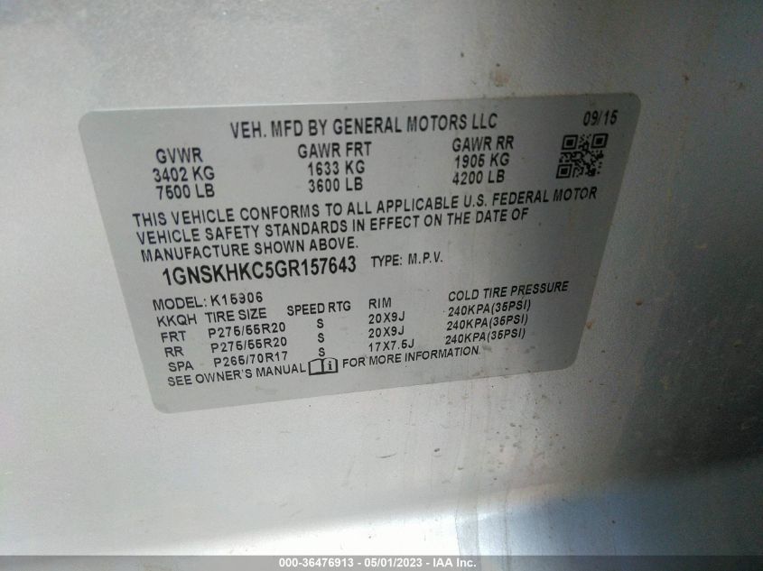 2016 CHEVROLET SUBURBAN LT - 1GNSKHKC5GR157643